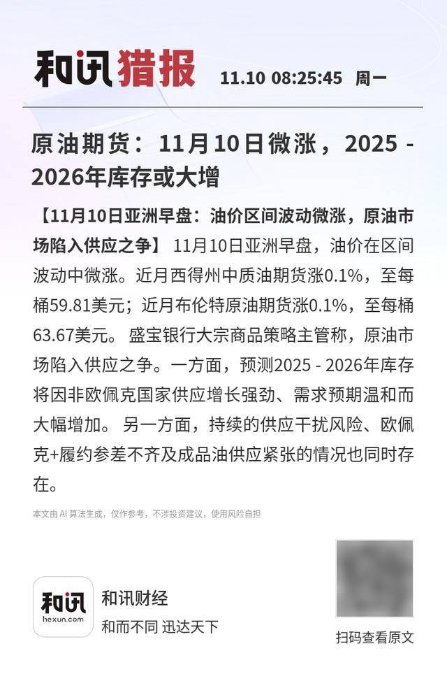 原油期货:11月10日微涨,2025 - 2026年库存或大增